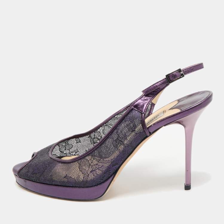 Pre Owned Jimmy Choo Purple Mesh and Leather Peep Toe Platform Slingback Sandals Size 38.5