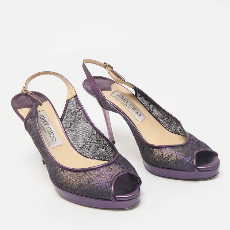 Pre Owned Jimmy Choo Purple Mesh and Leather Peep Toe Platform Slingback Sandals Size 38.5