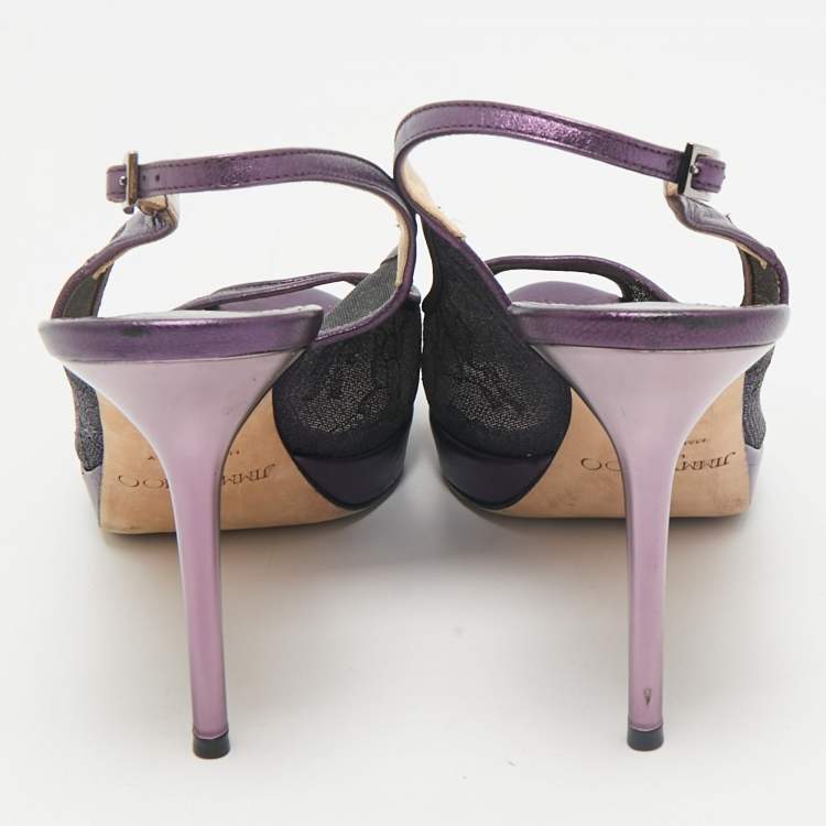 Pre Owned Jimmy Choo Purple Mesh and Leather Peep Toe Platform Slingback Sandals Size 38.5