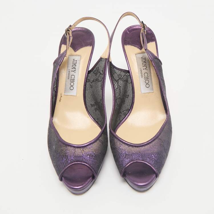 Pre Owned Jimmy Choo Purple Mesh and Leather Peep Toe Platform Slingback Sandals Size 38.5