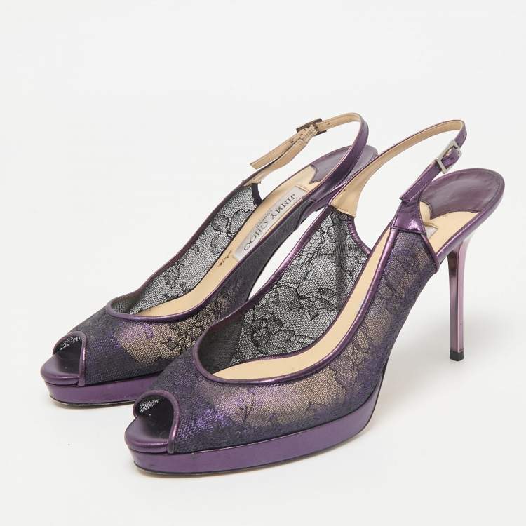 Pre Owned Jimmy Choo Purple Mesh and Leather Peep Toe Platform Slingback Sandals Size 38.5