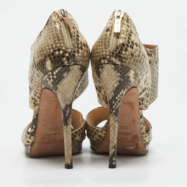 Pre Owned Jimmy Choo Beige/Black Python Embossed Leather Ankle Strap Sandals Size 39.5