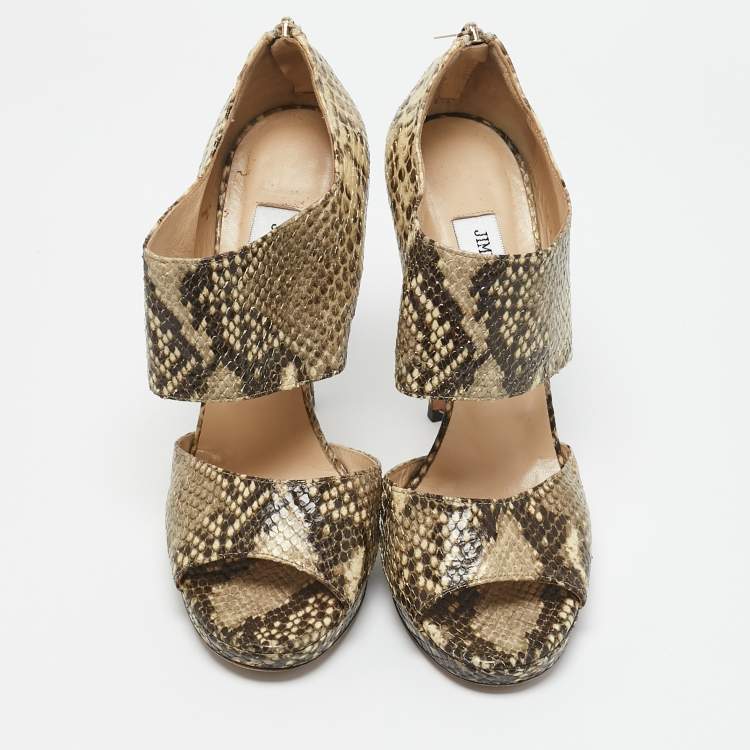 Pre Owned Jimmy Choo Beige/Black Python Embossed Leather Ankle Strap Sandals Size 39.5