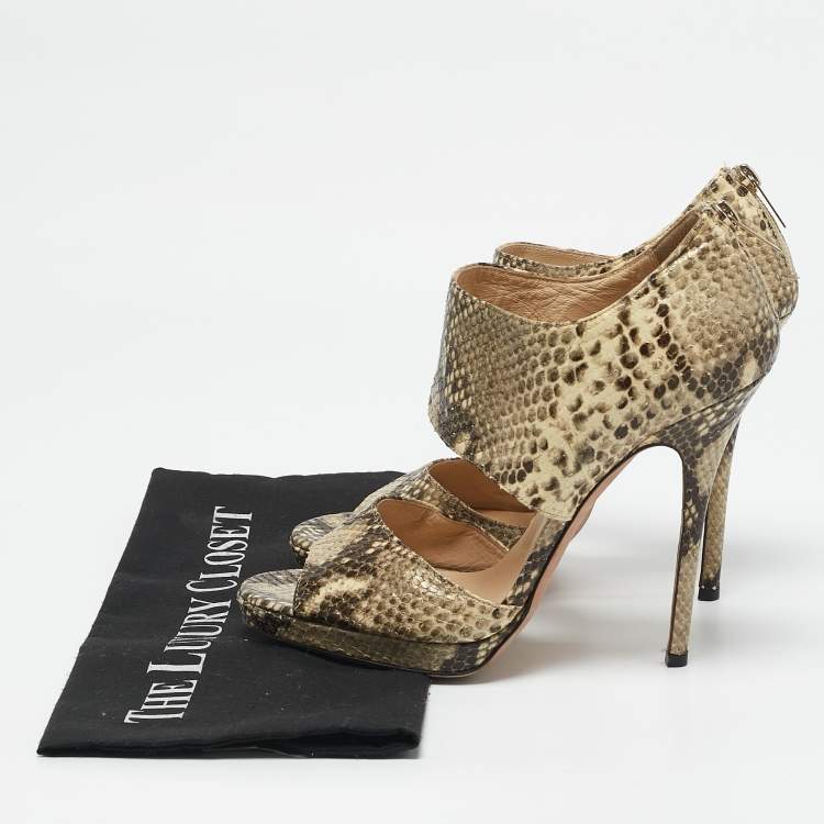 Pre Owned Jimmy Choo Beige/Black Python Embossed Leather Ankle Strap Sandals Size 39.5
