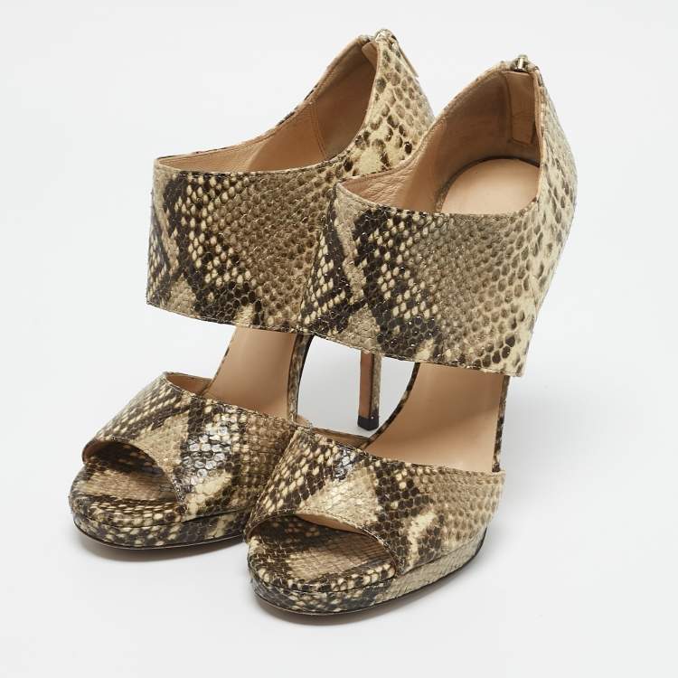 Pre Owned Jimmy Choo Beige/Black Python Embossed Leather Ankle Strap Sandals Size 39.5