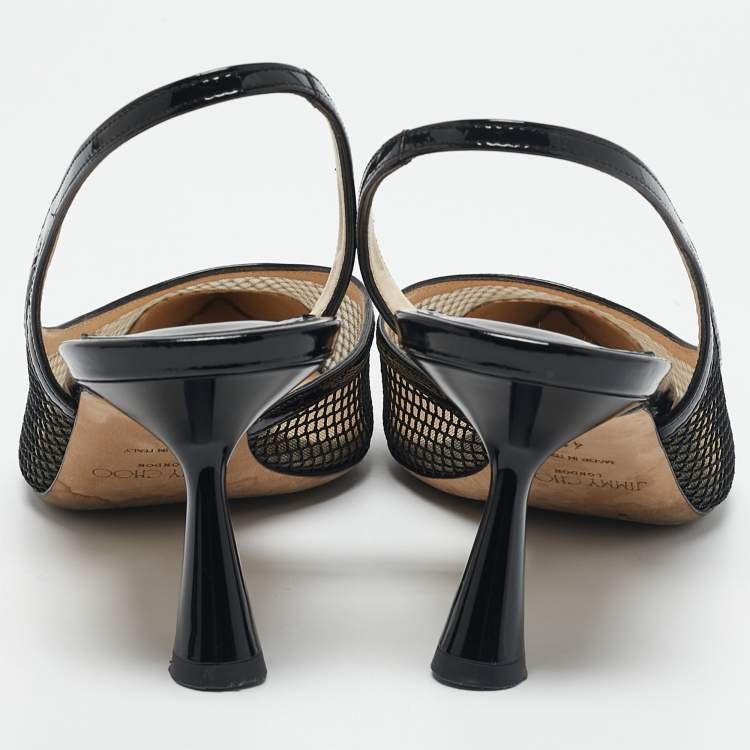 Pre Owned Jimmy Choo Black Mesh and Patent Leather Fetto Slingback Pumps Size 41