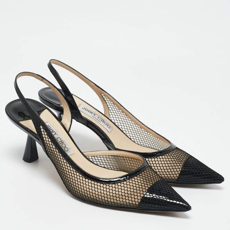 Pre Owned Jimmy Choo Black Mesh and Patent Leather Fetto Slingback Pumps Size 41