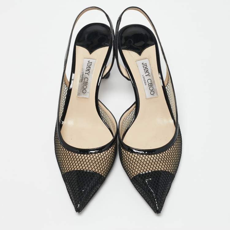 Pre Owned Jimmy Choo Black Mesh and Patent Leather Fetto Slingback Pumps Size 41