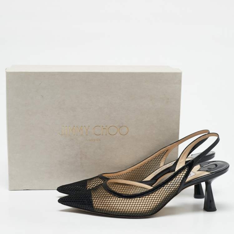 Pre Owned Jimmy Choo Black Mesh and Patent Leather Fetto Slingback Pumps Size 41