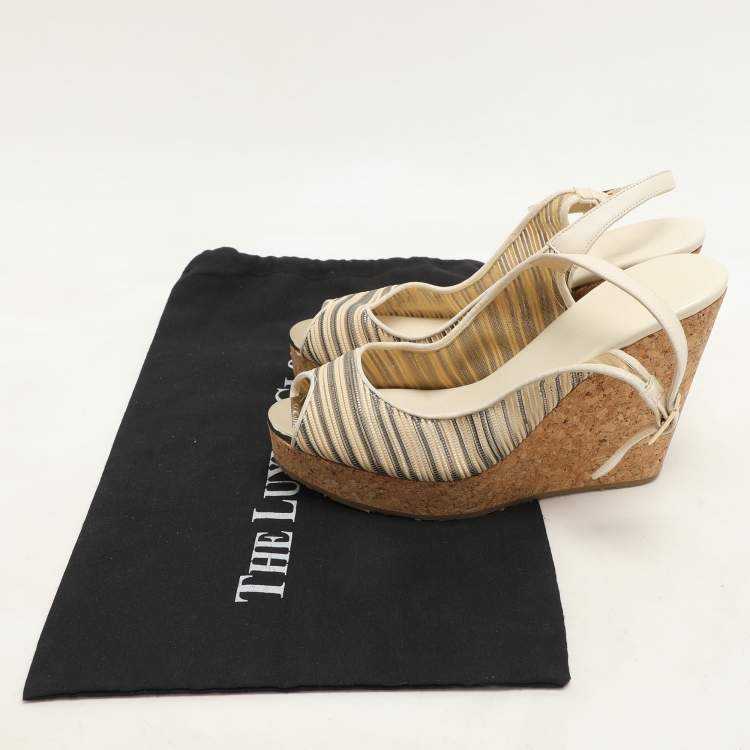 Pre Owned Jimmy Choo Multicolor Leather Prova Cork Wedge Slingback Pumps Size 39.5