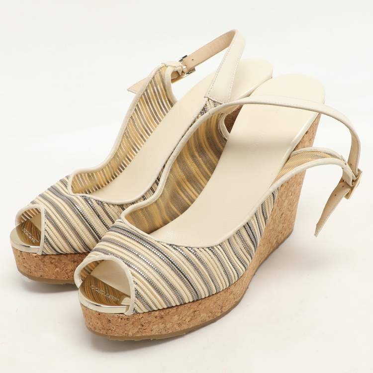 Pre Owned Jimmy Choo Multicolor Leather Prova Cork Wedge Slingback Pumps Size 39.5