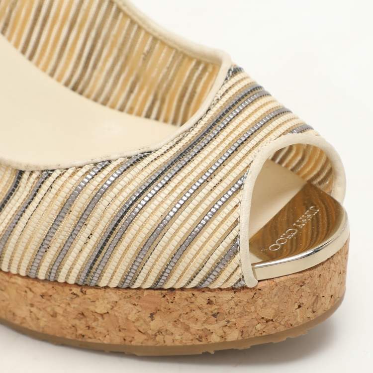 Pre Owned Jimmy Choo Multicolor Leather Prova Cork Wedge Slingback Pumps Size 39.5