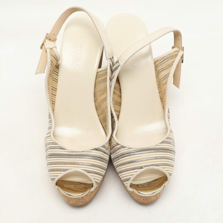 Pre Owned Jimmy Choo Multicolor Leather Prova Cork Wedge Slingback Pumps Size 39.5