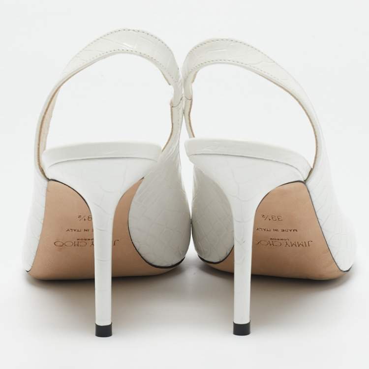 Pre Owned Jimmy Choo White Croc Embossed Leather Pointed Toe Slingback Pumps Size 39.5 