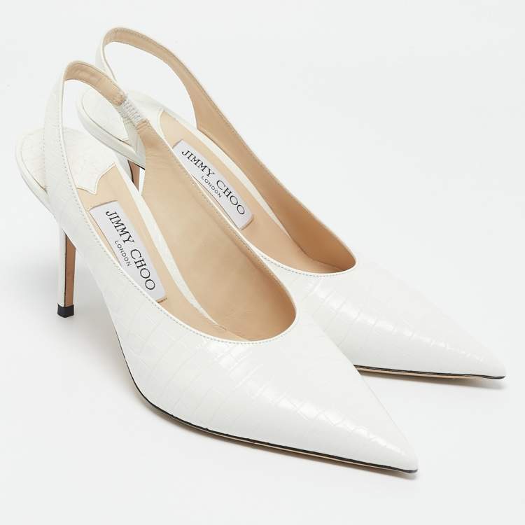 Pre Owned Jimmy Choo White Croc Embossed Leather Pointed Toe Slingback Pumps Size 39.5 