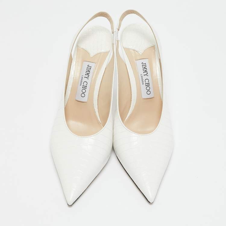 Pre Owned Jimmy Choo White Croc Embossed Leather Pointed Toe Slingback Pumps Size 39.5 