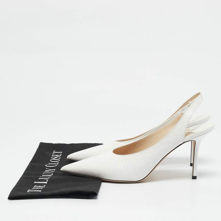 Pre Owned Jimmy Choo White Croc Embossed Leather Pointed Toe Slingback Pumps Size 39.5 
