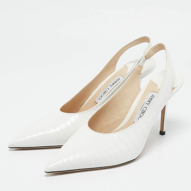 Pre Owned Jimmy Choo White Croc Embossed Leather Pointed Toe Slingback Pumps Size 39.5 