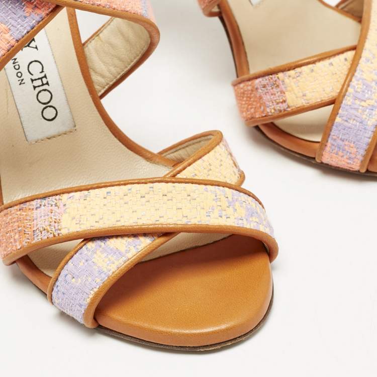Pre Owned Jimmy Choo Multicolour Raffia And Leather Trim Strappy Sandals Size 35