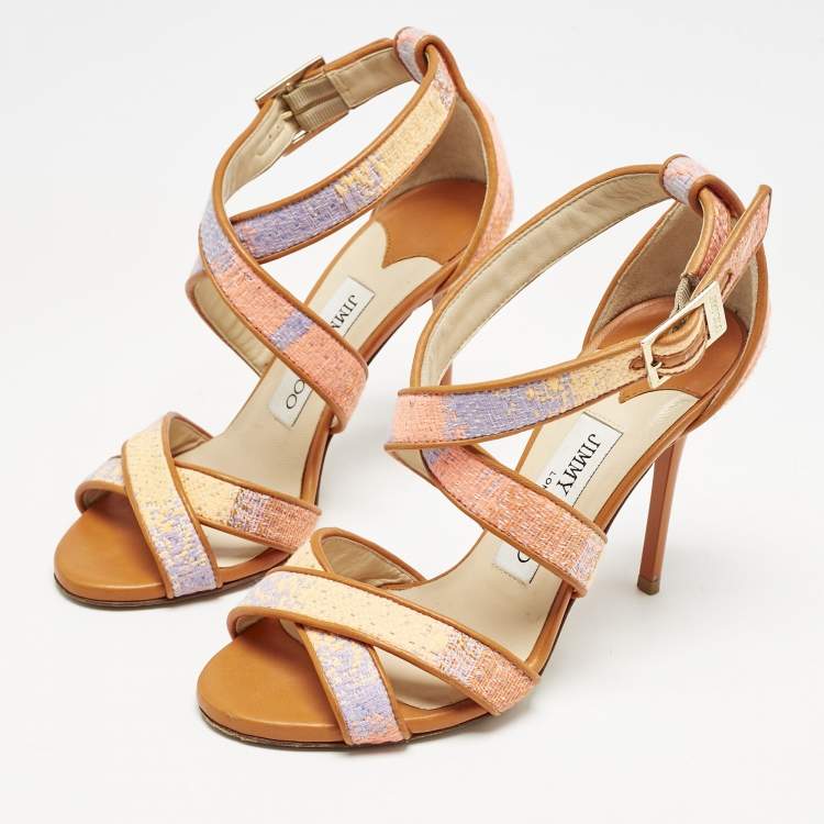 Pre Owned Jimmy Choo Multicolour Raffia And Leather Trim Strappy Sandals Size 35