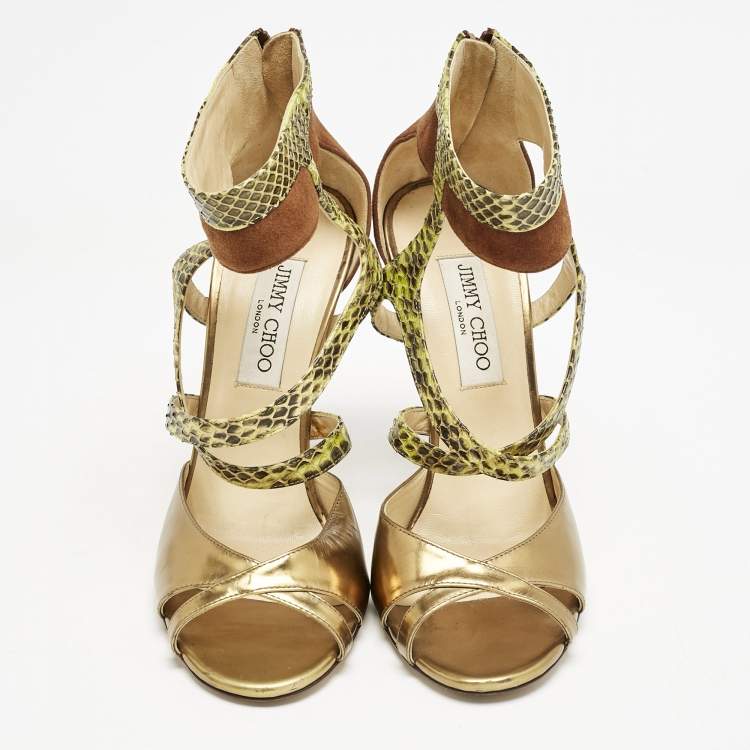 Pre Owned Jimmy Choo Beige/Brown Python and Suede Ankle Strap Sandals Size 39