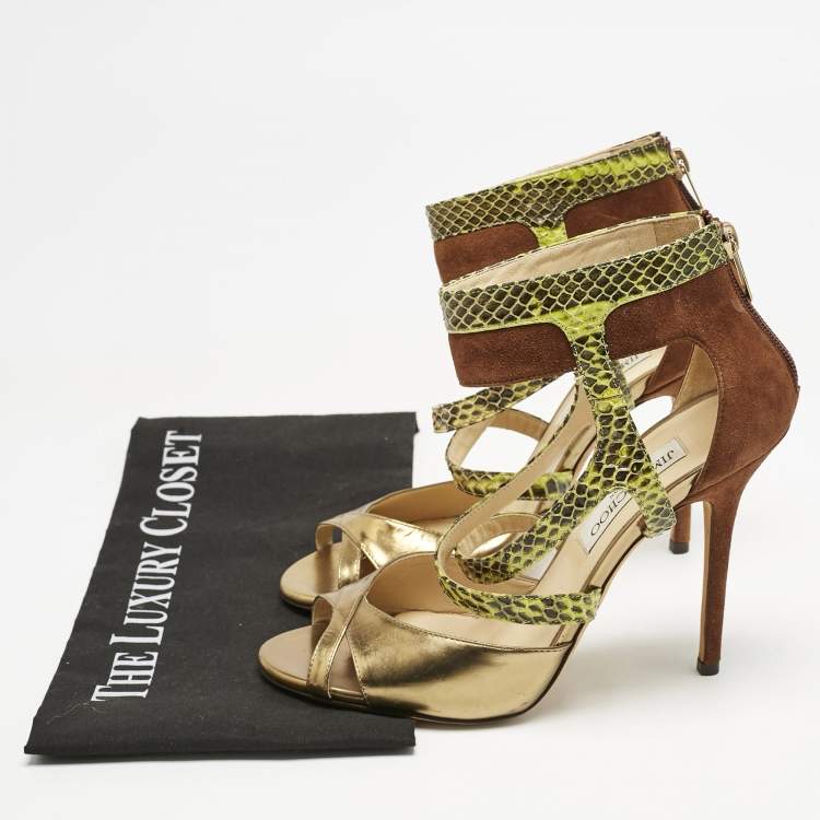 Pre Owned Jimmy Choo Beige/Brown Python and Suede Ankle Strap Sandals Size 39