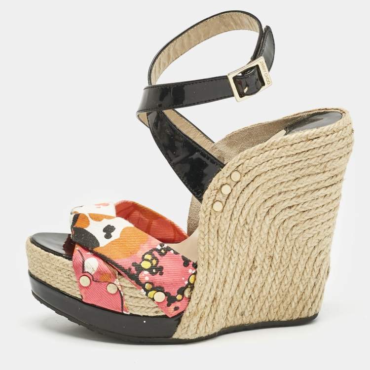 Pre Owned Jimmy Choo Multicolor Canvas and Patent Leather Wedge Sandals Size 38