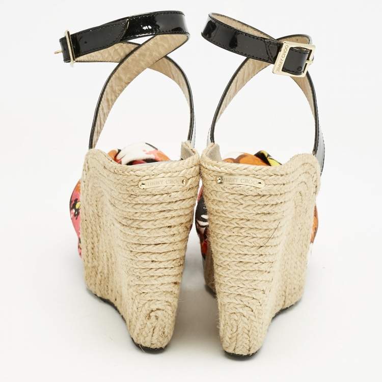 Pre Owned Jimmy Choo Multicolor Canvas and Patent Leather Wedge Sandals Size 38