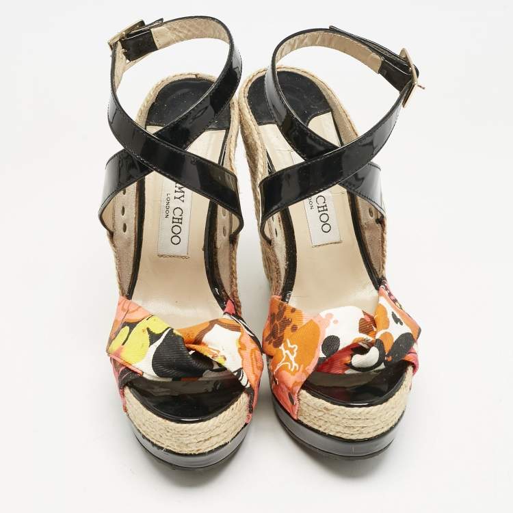Pre Owned Jimmy Choo Multicolor Canvas and Patent Leather Wedge Sandals Size 38