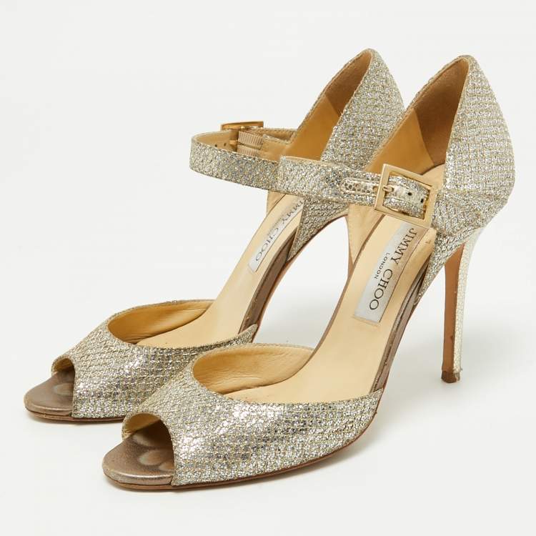Pre Owned Jimmy Choo Gold Glitter Mary Jane Pumps Size 39.5