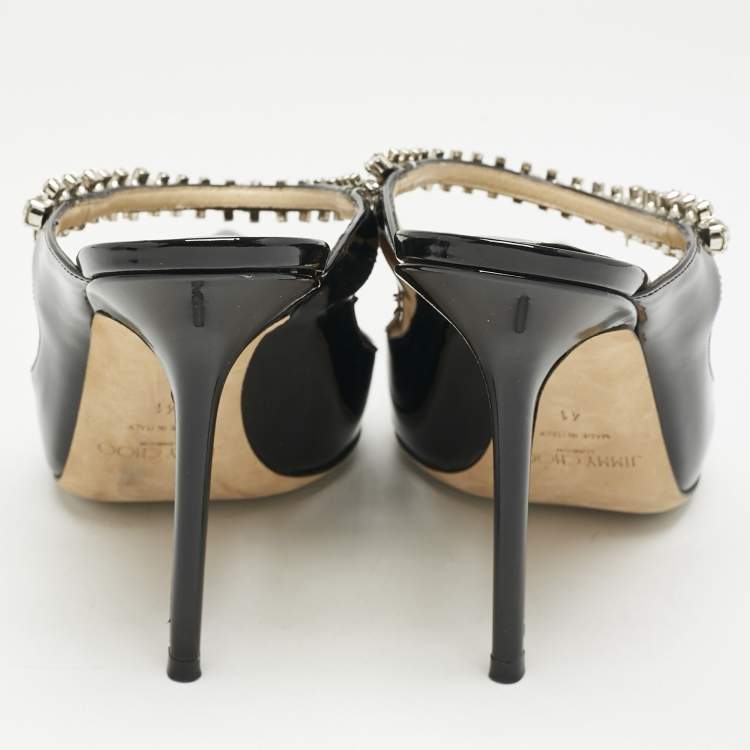 Pre Owned Jimmy Choo Black Patent Leather Bing Crystals Mules Size 41