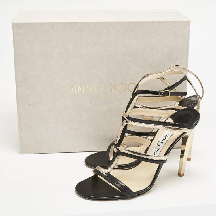Pre Owned Jimmy Choo Black/Gold Leather Moray Sandals Size 38.5