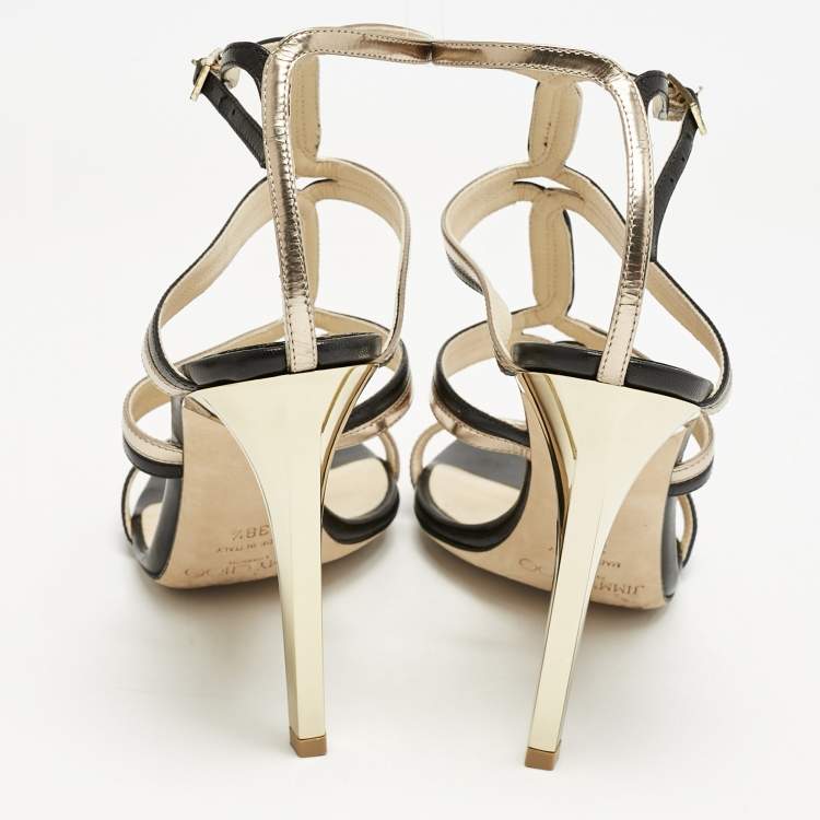 Pre Owned Jimmy Choo Black/Gold Leather Moray Sandals Size 38.5