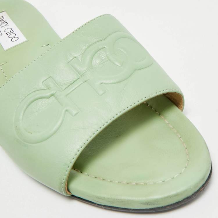 Pre Owned Jimmy Choo Green Leather Minea Flat Slide Sandals Size 40
