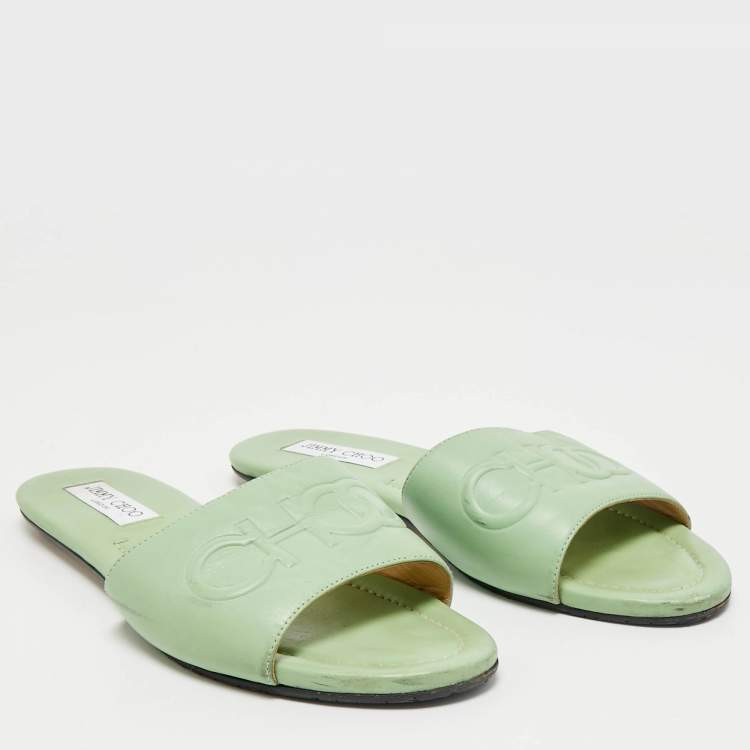 Pre Owned Jimmy Choo Green Leather Minea Flat Slide Sandals Size 40