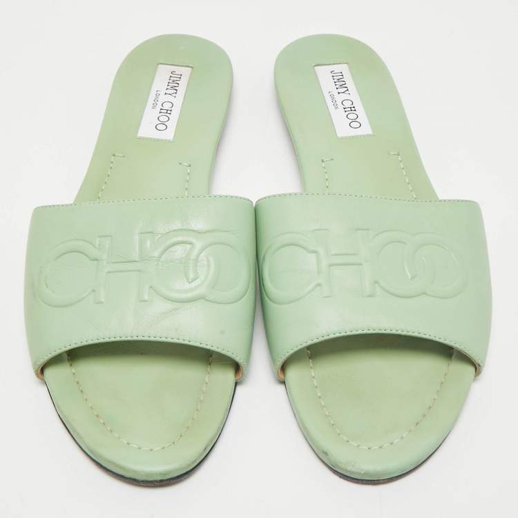 Pre Owned Jimmy Choo Green Leather Minea Flat Slide Sandals Size 40