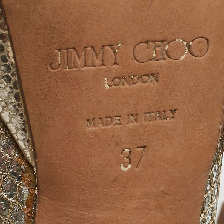 Pre Owned Jimmy Choo Gold/Silver Glitter and Leather Luna Peep Toe Pumps Size 37