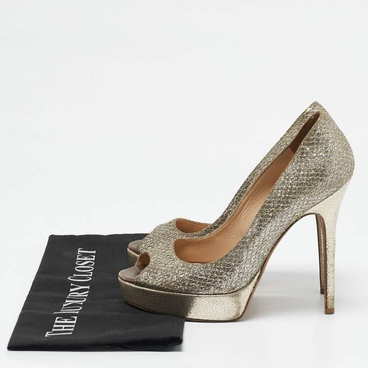 Pre Owned Jimmy Choo Gold/Silver Glitter and Leather Luna Peep Toe Pumps Size 37