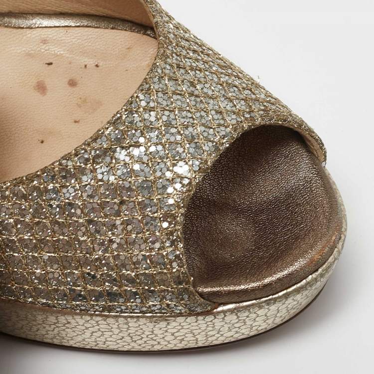Pre Owned Jimmy Choo Gold/Silver Glitter and Leather Luna Peep Toe Pumps Size 37