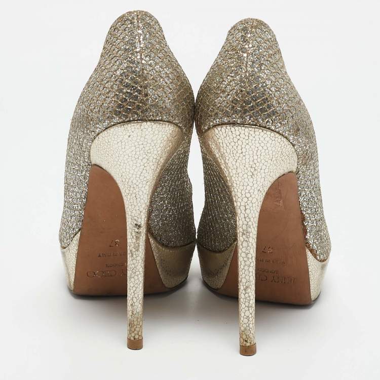 Pre Owned Jimmy Choo Gold/Silver Glitter and Leather Luna Peep Toe Pumps Size 37