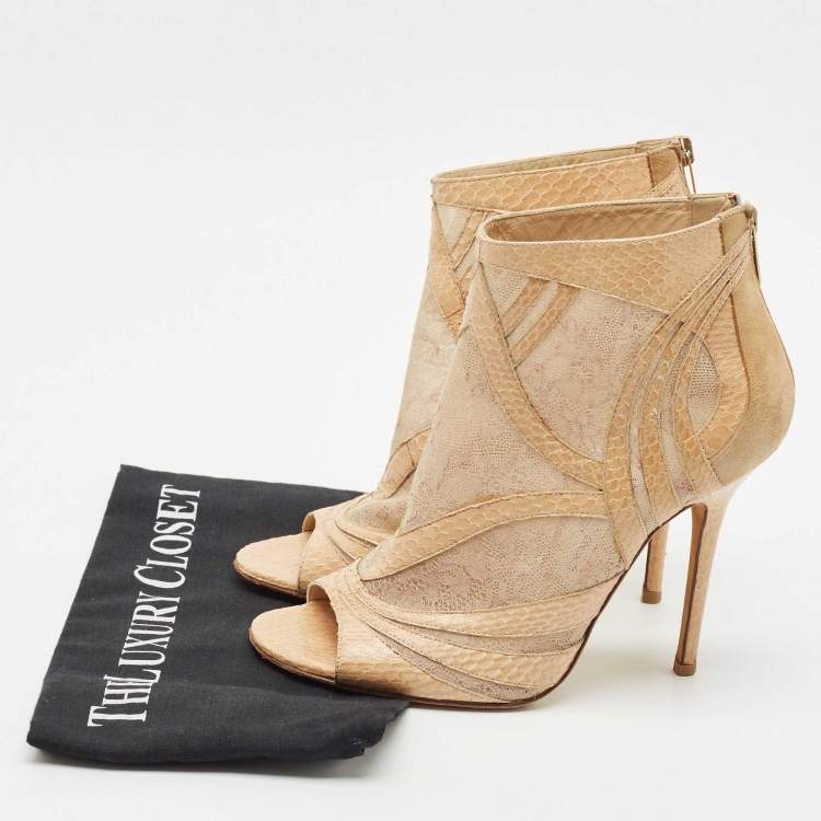 Pre Owned Jimmy Choo Beige Snakeskin Leather and Lace Ankle Length Boots Size 39