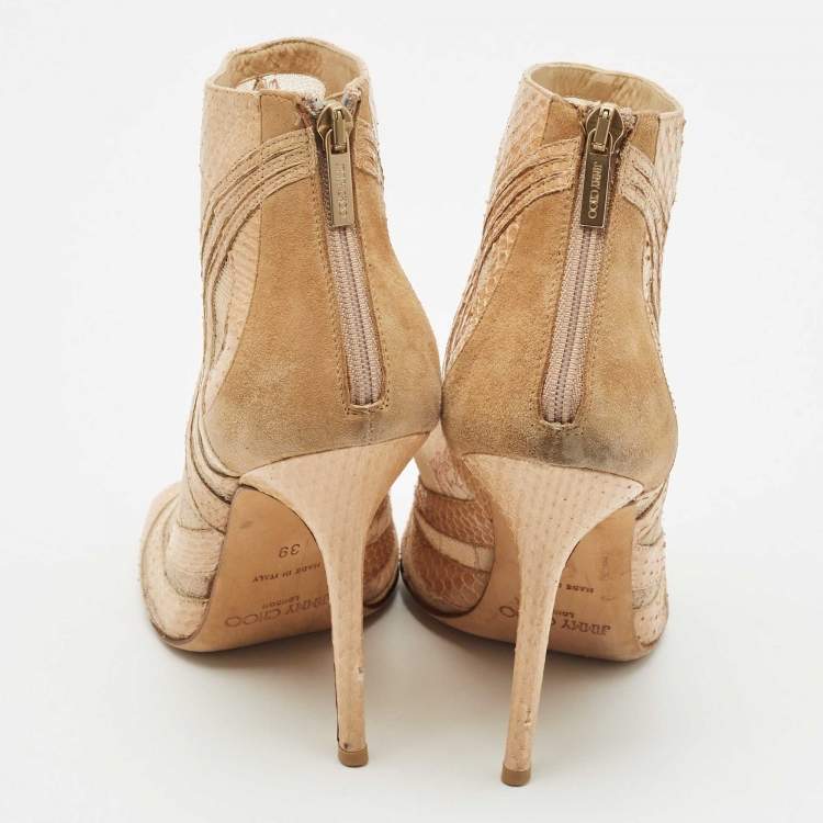 Pre Owned Jimmy Choo Beige Snakeskin Leather and Lace Ankle Length Boots Size 39