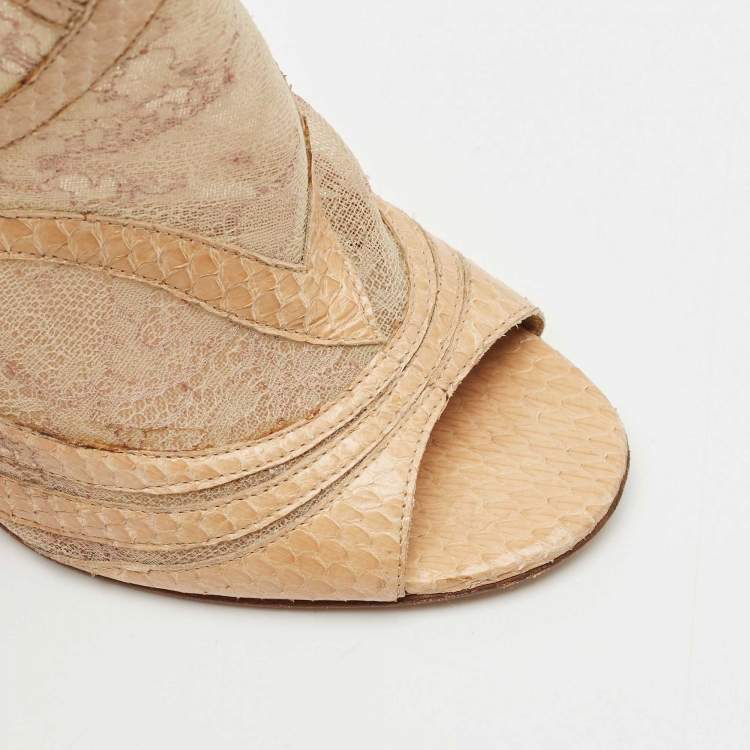 Pre Owned Jimmy Choo Beige Snakeskin Leather and Lace Ankle Length Boots Size 39