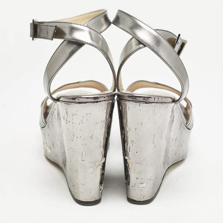 Pre Owned Jimmy Choo Silver Leather Crisscross Strap Wedge Sandals  Size 37.5