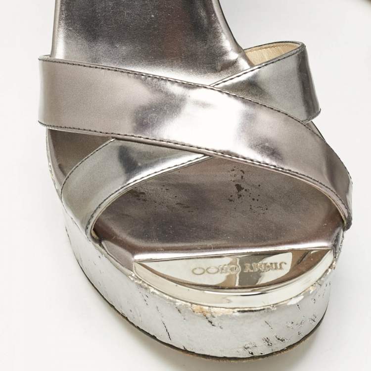 Pre Owned Jimmy Choo Silver Leather Crisscross Strap Wedge Sandals  Size 37.5