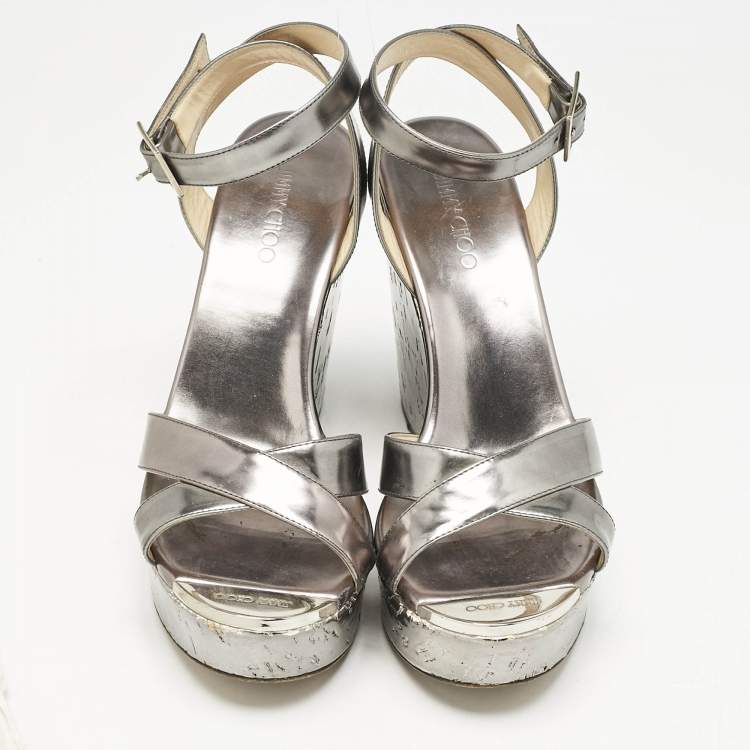 Pre Owned Jimmy Choo Silver Leather Crisscross Strap Wedge Sandals  Size 37.5