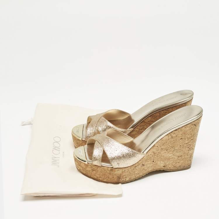 Pre Owned Jimmy Choo Metallic Gold Glitter Prima Cork Platform Wedge Sandals Size 37