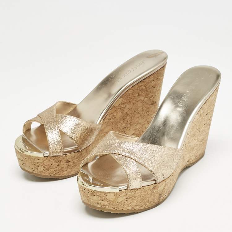 Pre Owned Jimmy Choo Metallic Gold Glitter Prima Cork Platform Wedge Sandals Size 37