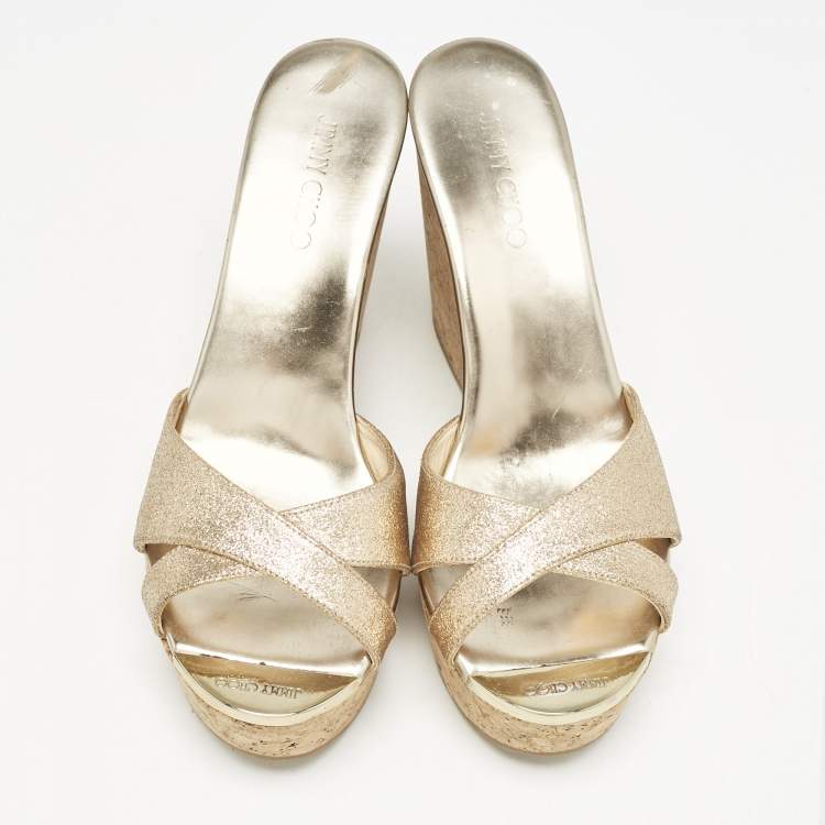 Pre Owned Jimmy Choo Metallic Gold Glitter Prima Cork Platform Wedge Sandals Size 37