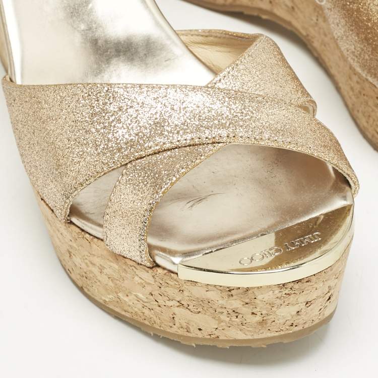 Pre Owned Jimmy Choo Metallic Gold Glitter Prima Cork Platform Wedge Sandals Size 37